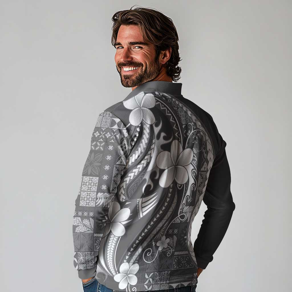 Samoa Siapo Tribal Pattern Long Sleeve Polo Shirt Light Gray Polynesian Plumeria Tapa Motif LT9 - Polynesian Pride