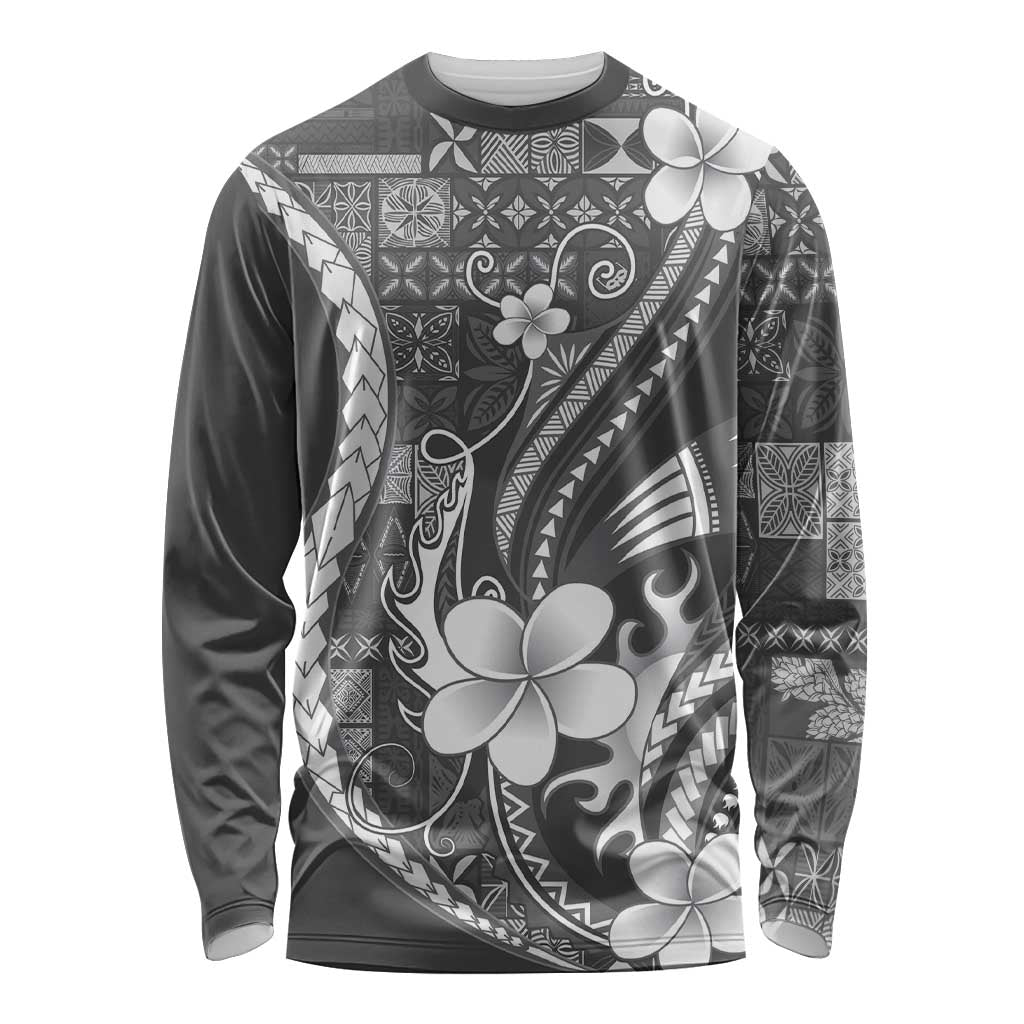 Samoa Siapo Tribal Pattern Long Sleeve Shirt Light Gray Polynesian Plumeria Tapa Motif LT9 Unisex Gray - Polynesian Pride