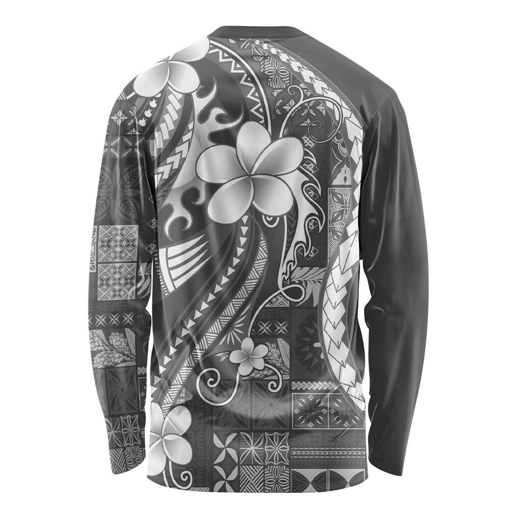 Samoa Siapo Tribal Pattern Long Sleeve Shirt Light Gray Polynesian Plumeria Tapa Motif LT9 - Polynesian Pride