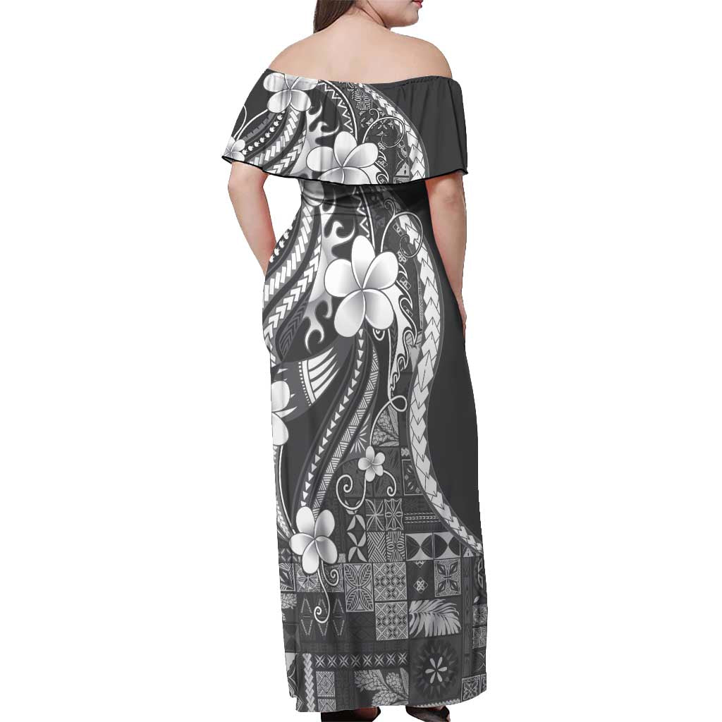Samoa Siapo Tribal Pattern Off Shoulder Maxi Dress Light Gray Polynesian Plumeria Tapa Motif LT9 - Polynesian Pride