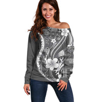 Samoa Siapo Tribal Pattern Off Shoulder Sweater Light Gray Polynesian Plumeria Tapa Motif LT9 Women Gray - Polynesian Pride