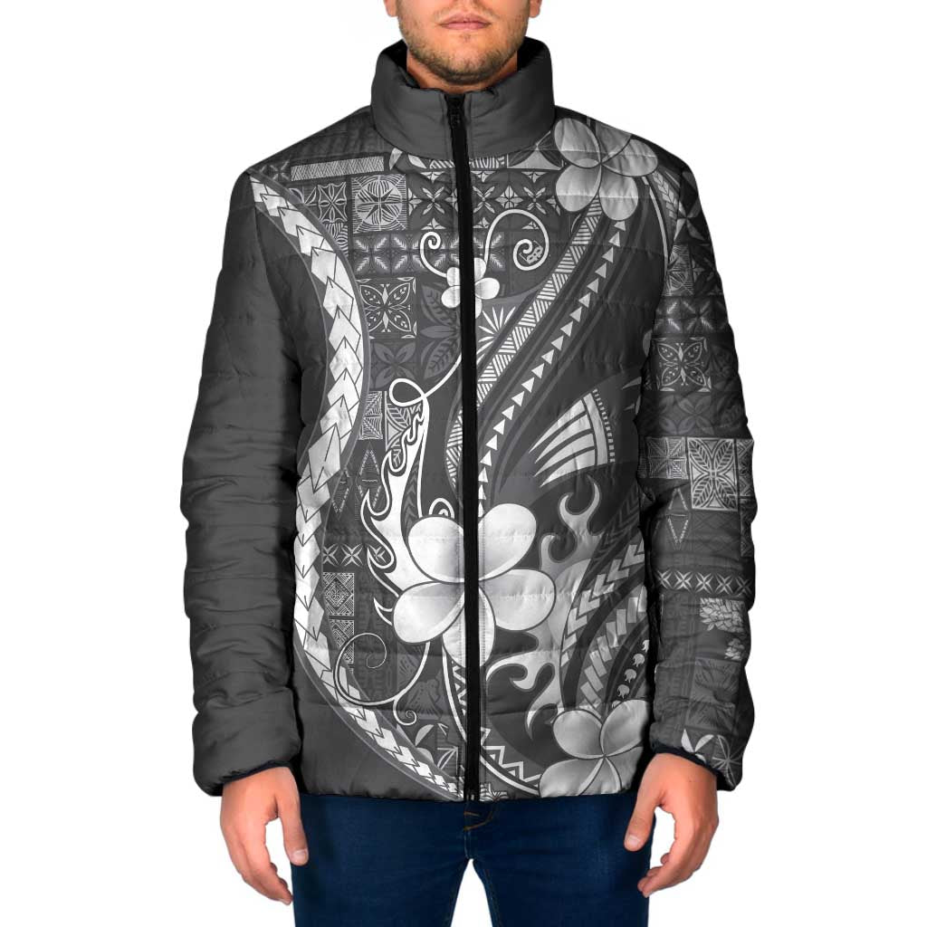 Samoa Siapo Tribal Pattern Padded Jacket Light Gray Polynesian Plumeria Tapa Motif LT9 Men Gray - Polynesian Pride