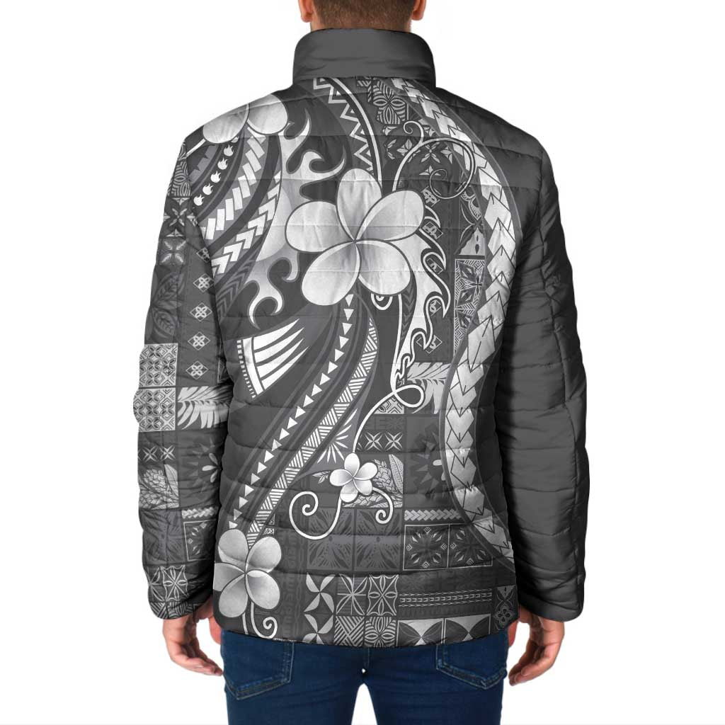 Samoa Siapo Tribal Pattern Padded Jacket Light Gray Polynesian Plumeria Tapa Motif LT9 - Polynesian Pride