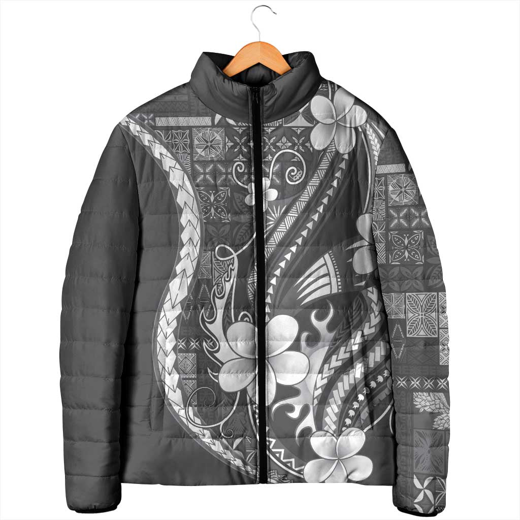 Samoa Siapo Tribal Pattern Padded Jacket Light Gray Polynesian Plumeria Tapa Motif LT9 - Polynesian Pride