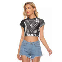 Samoa Siapo Tribal Pattern Raglan Cropped T Shirt Light Gray Polynesian Plumeria Tapa Motif LT9 Female Gray - Polynesian Pride