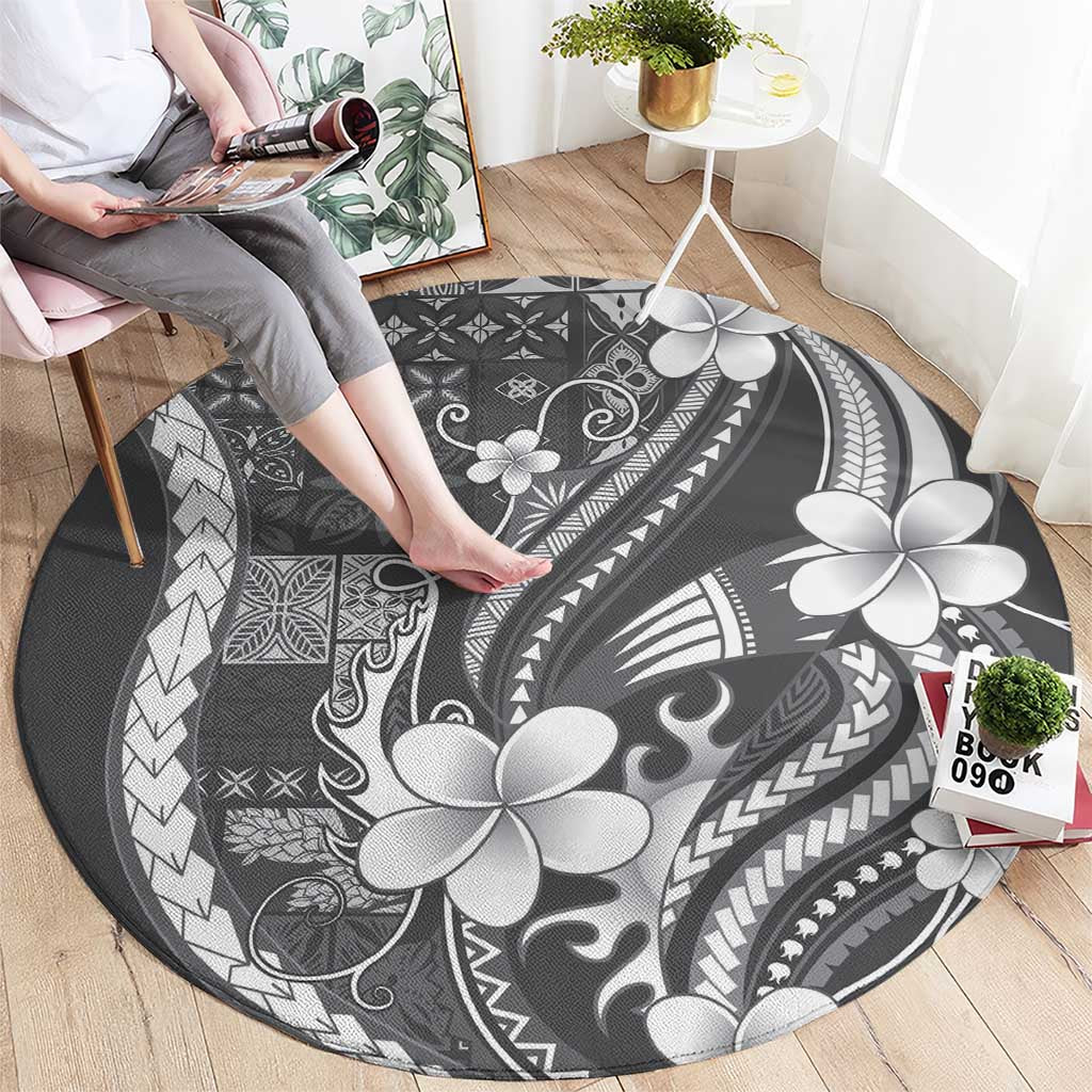 Samoa Siapo Tribal Pattern Round Carpet Light Gray Polynesian Plumeria Tapa Motif LT9 - Polynesian Pride