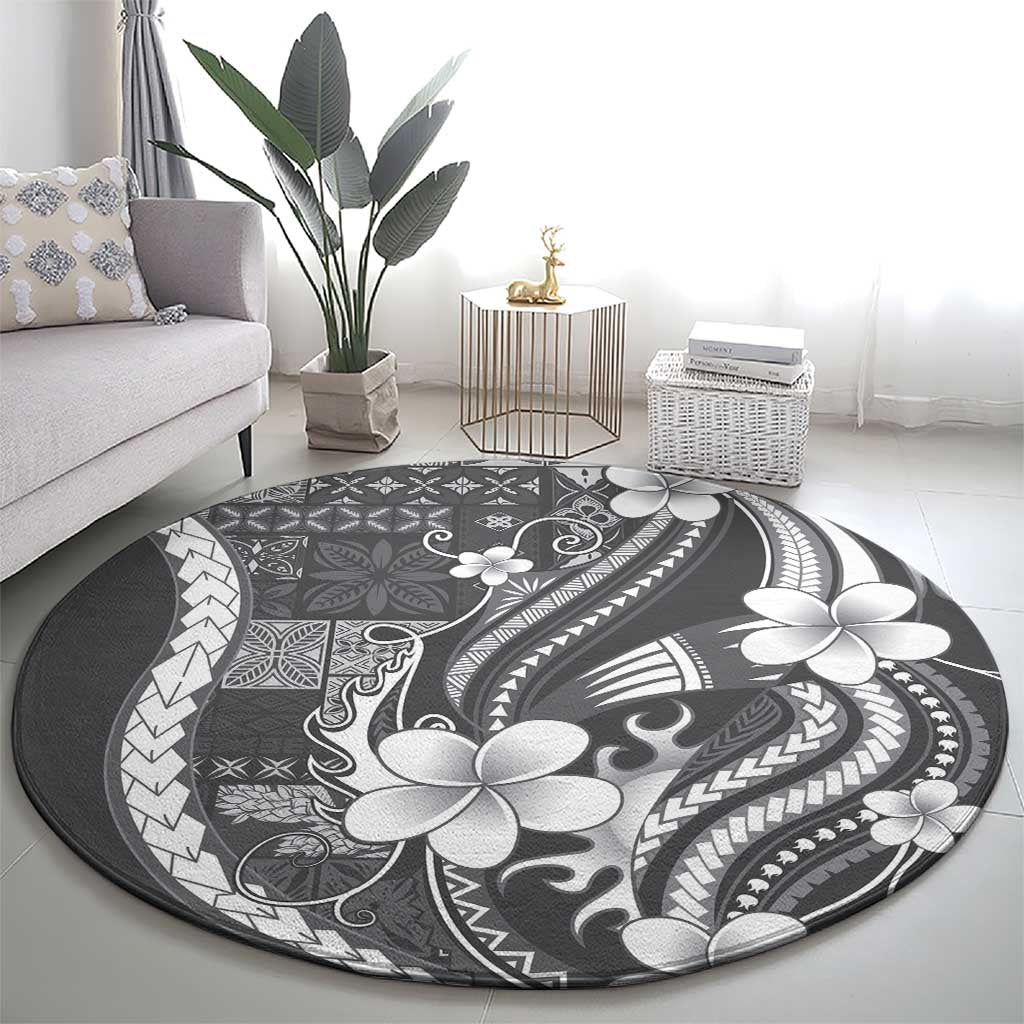 Samoa Siapo Tribal Pattern Round Carpet Light Gray Polynesian Plumeria Tapa Motif LT9 - Polynesian Pride