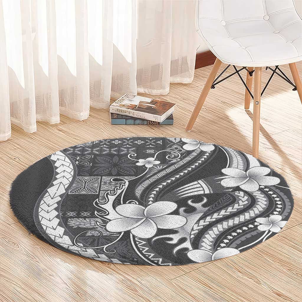 Samoa Siapo Tribal Pattern Round Carpet Light Gray Polynesian Plumeria Tapa Motif LT9 - Polynesian Pride