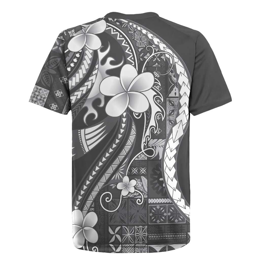 Samoa Siapo Tribal Pattern Rugby Jersey Light Gray Polynesian Plumeria Tapa Motif LT9 - Polynesian Pride