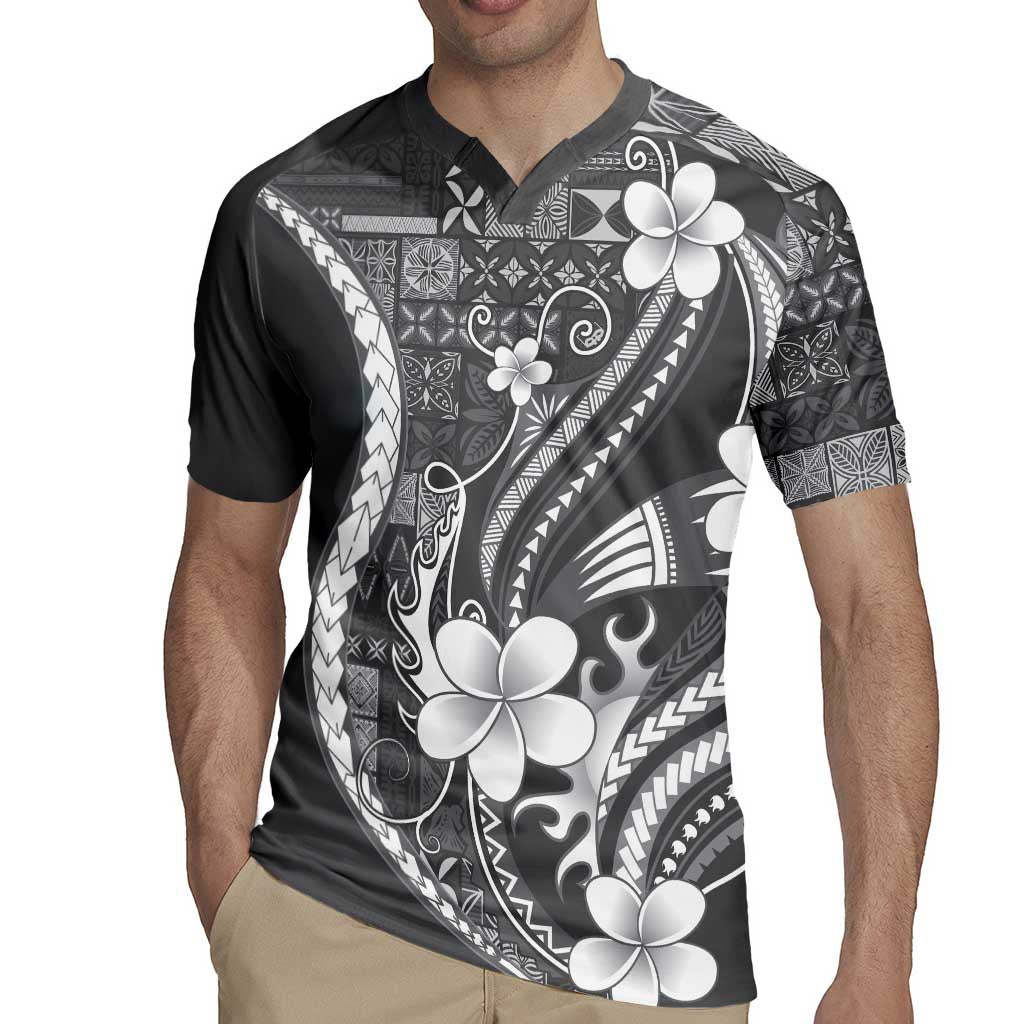 Samoa Siapo Tribal Pattern Rugby Jersey Light Gray Polynesian Plumeria Tapa Motif LT9 - Polynesian Pride