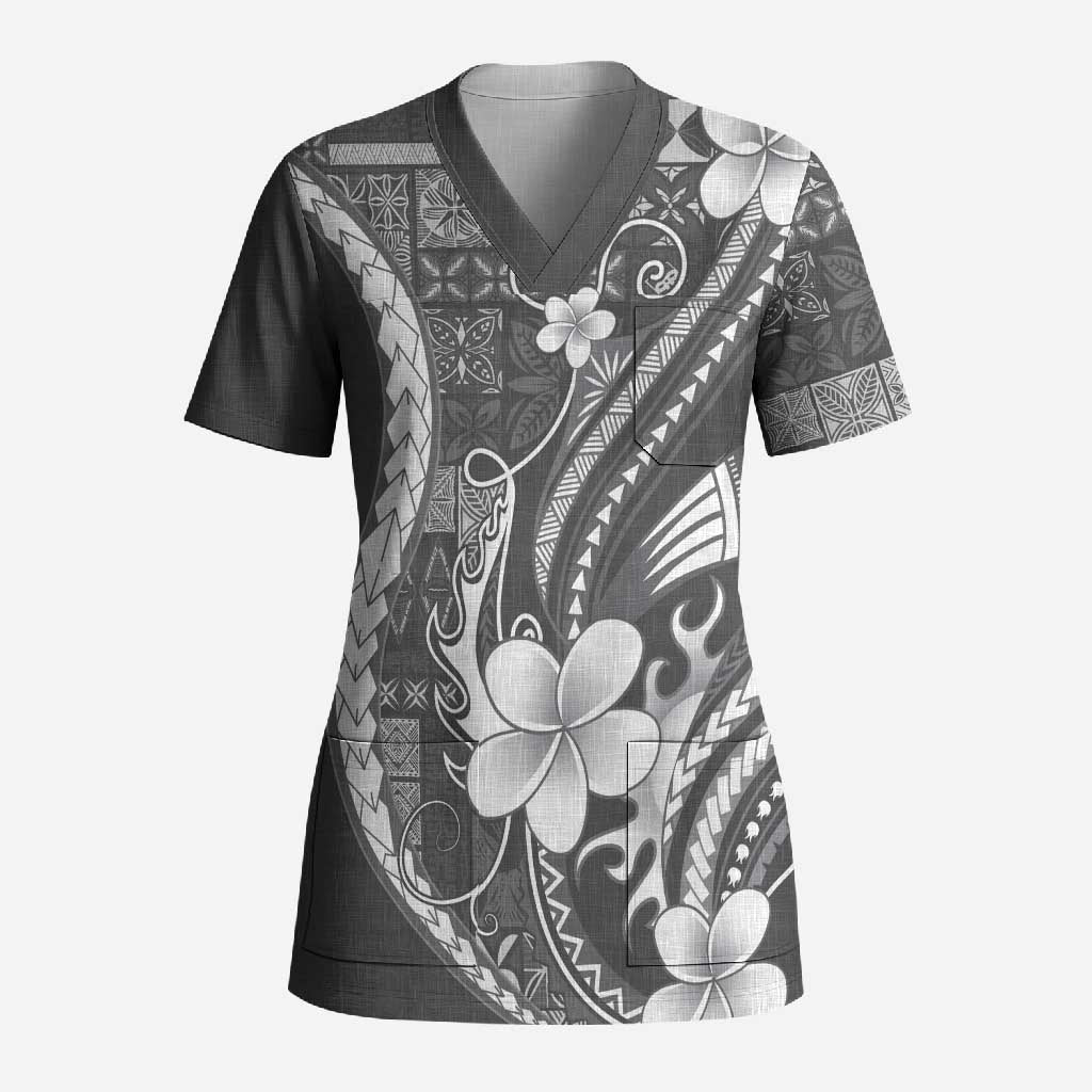 Samoa Siapo Tribal Pattern Scrub Top Light Gray Polynesian Plumeria Tapa Motif LT9 Adult Gray - Polynesian Pride