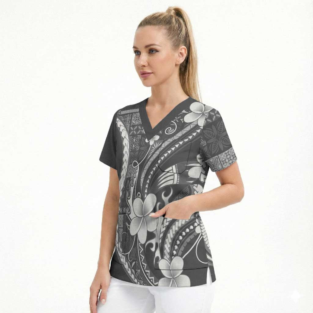 Samoa Siapo Tribal Pattern Scrub Top Light Gray Polynesian Plumeria Tapa Motif LT9 - Polynesian Pride