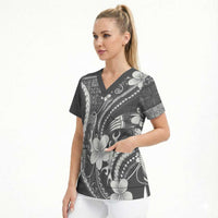 Samoa Siapo Tribal Pattern Scrub Top Light Gray Polynesian Plumeria Tapa Motif LT9 - Polynesian Pride