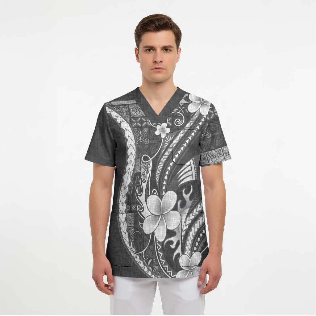 Samoa Siapo Tribal Pattern Scrub Top Light Gray Polynesian Plumeria Tapa Motif LT9 - Polynesian Pride