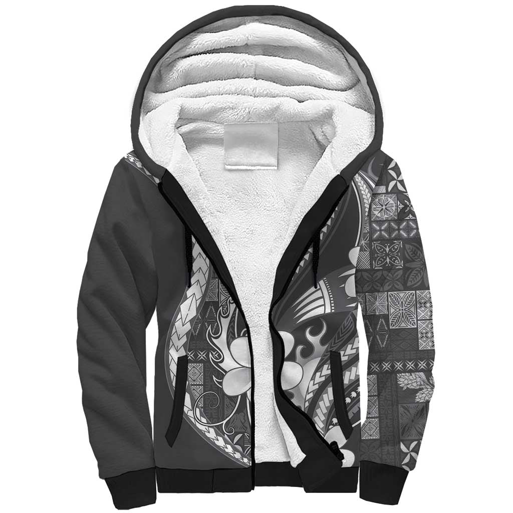 Samoa Siapo Tribal Pattern Sherpa Hoodie Light Gray Polynesian Plumeria Tapa Motif