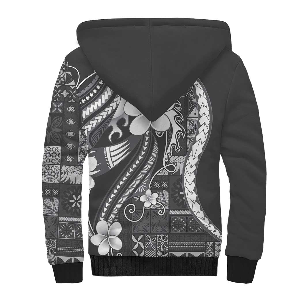 Samoa Siapo Tribal Pattern Sherpa Hoodie Light Gray Polynesian Plumeria Tapa Motif