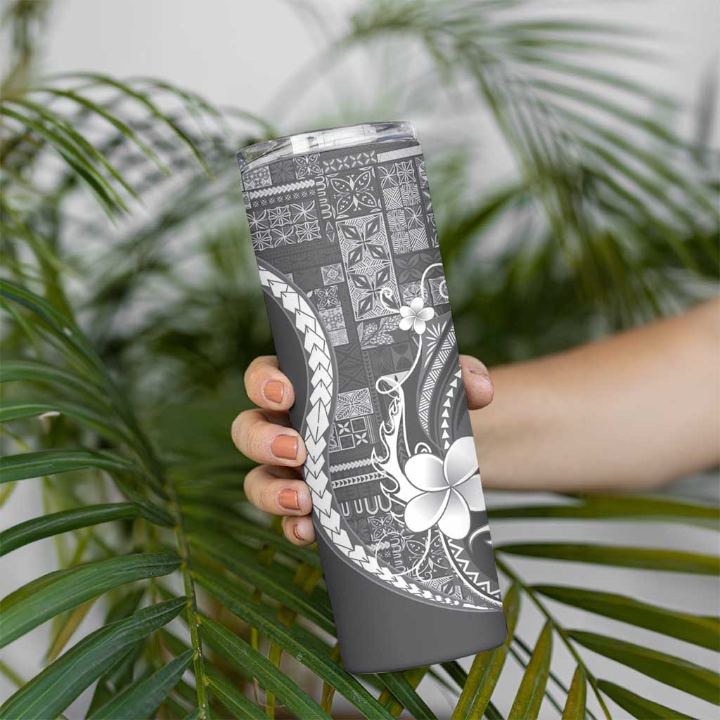 Samoa Siapo Tribal Pattern Skinny Tumbler Light Gray Polynesian Plumeria Tapa Motif LT9 - Polynesian Pride