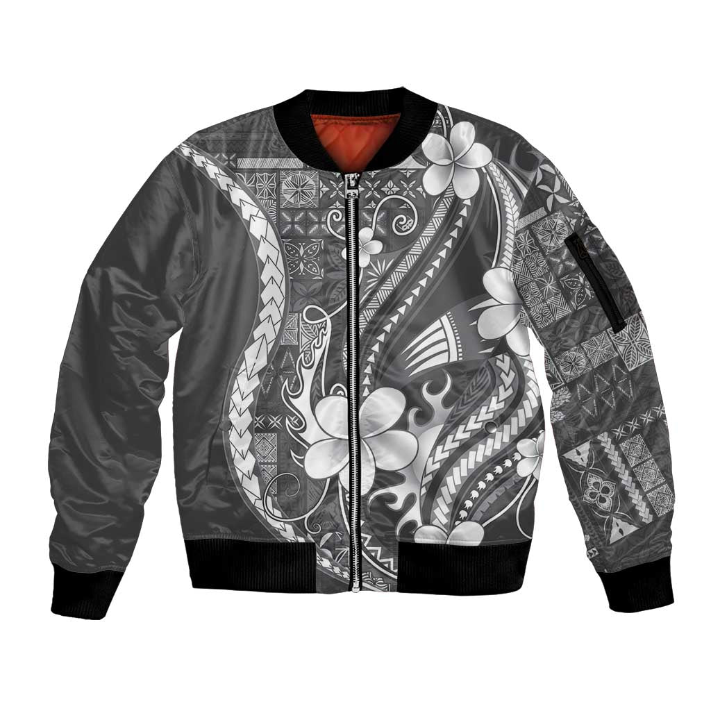 Samoa Siapo Tribal Pattern Sleeve Zip Bomber Jacket Light Gray Polynesian Plumeria Tapa Motif LT9 Unisex Gray - Polynesian Pride
