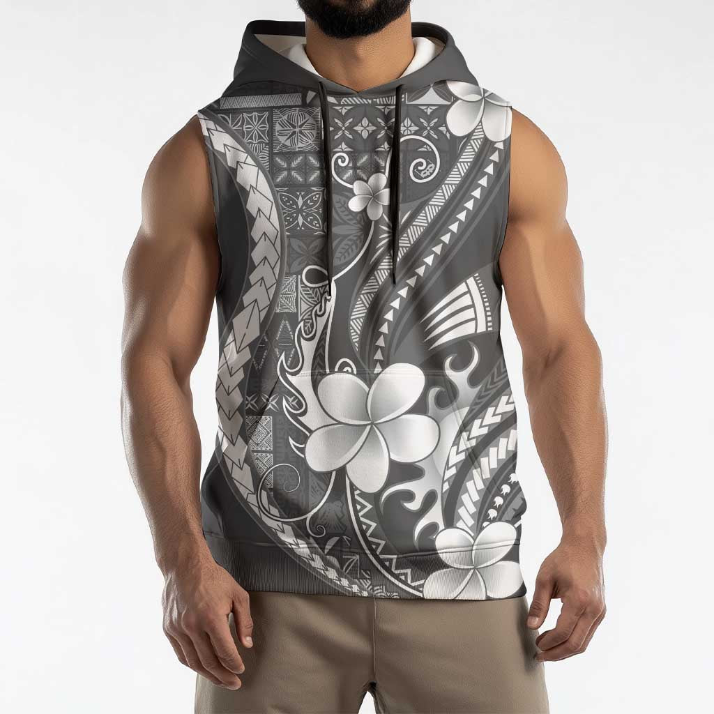 Samoa Siapo Tribal Pattern Sleeveless Hoodie Light Gray Polynesian Plumeria Tapa Motif LT9 - Polynesian Pride
