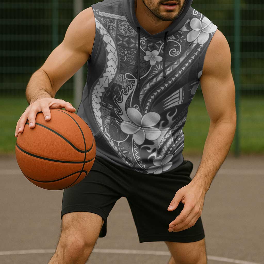 Samoa Siapo Tribal Pattern Sleeveless Hoodie Light Gray Polynesian Plumeria Tapa Motif LT9 - Polynesian Pride