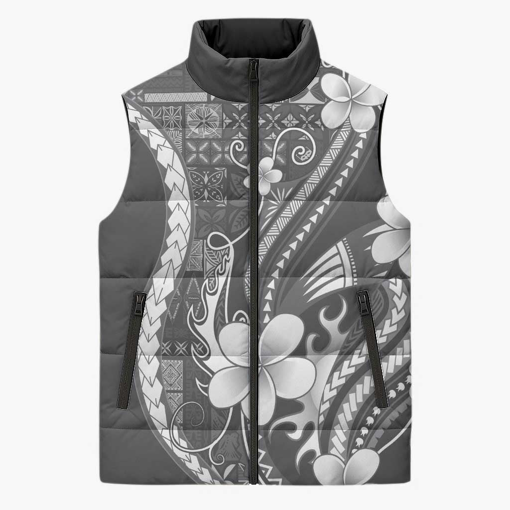 Samoa Siapo Tribal Pattern Sleeveless Puffer Jacket Light Gray Polynesian Plumeria Tapa Motif LT9 Unisex Gray - Polynesian Pride