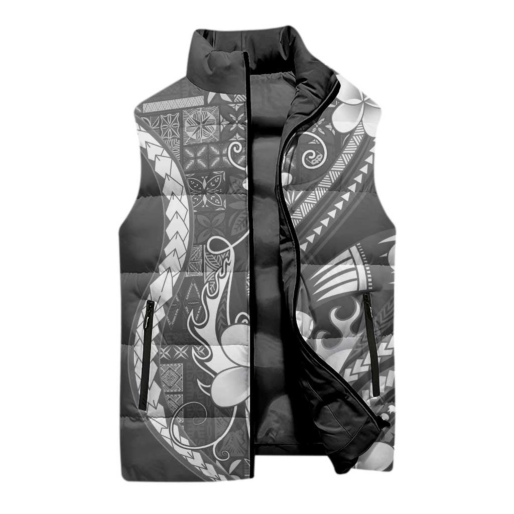 Samoa Siapo Tribal Pattern Sleeveless Puffer Jacket Light Gray Polynesian Plumeria Tapa Motif LT9 - Polynesian Pride