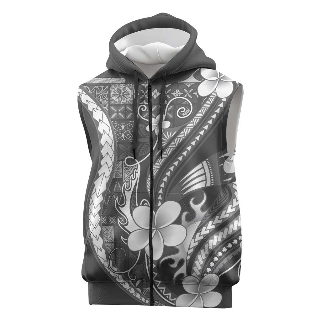 Samoa Siapo Tribal Pattern Sleeveless Zip Hoodie Light Gray Polynesian Plumeria Tapa Motif LT9 Gray - Polynesian Pride