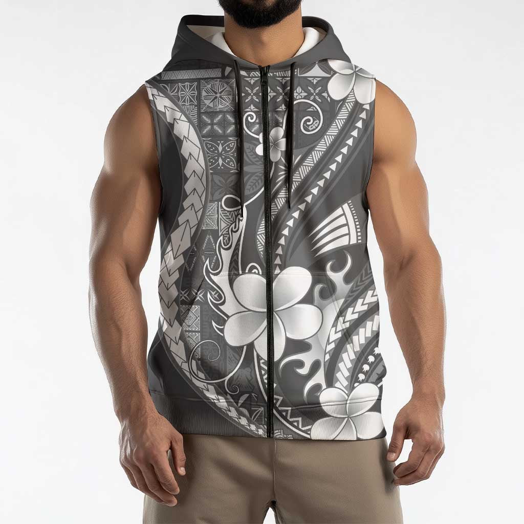 Samoa Siapo Tribal Pattern Sleeveless Zip Hoodie Light Gray Polynesian Plumeria Tapa Motif LT9 - Polynesian Pride