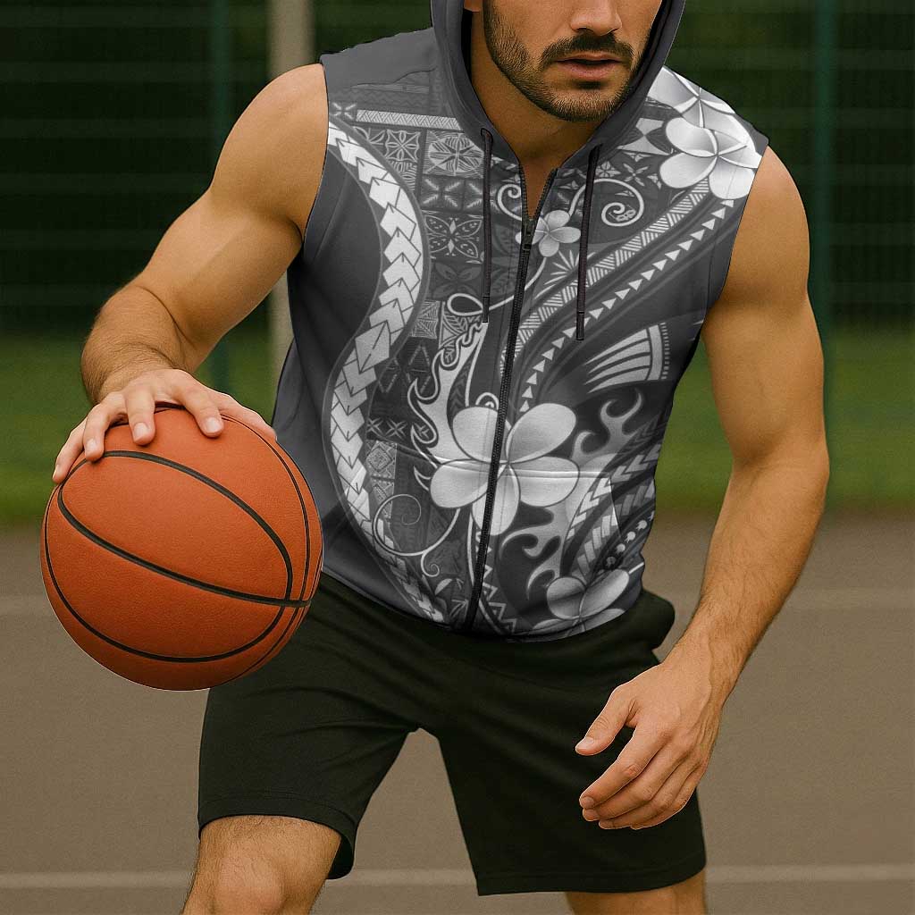 Samoa Siapo Tribal Pattern Sleeveless Zip Hoodie Light Gray Polynesian Plumeria Tapa Motif LT9 - Polynesian Pride