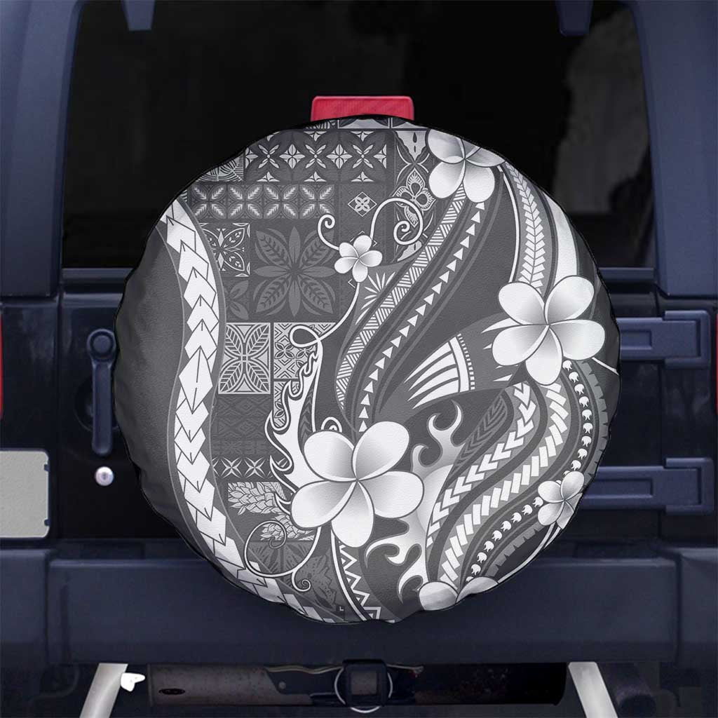 Samoa Siapo Tribal Pattern Spare Tire Cover Light Gray Polynesian Plumeria Tapa Motif