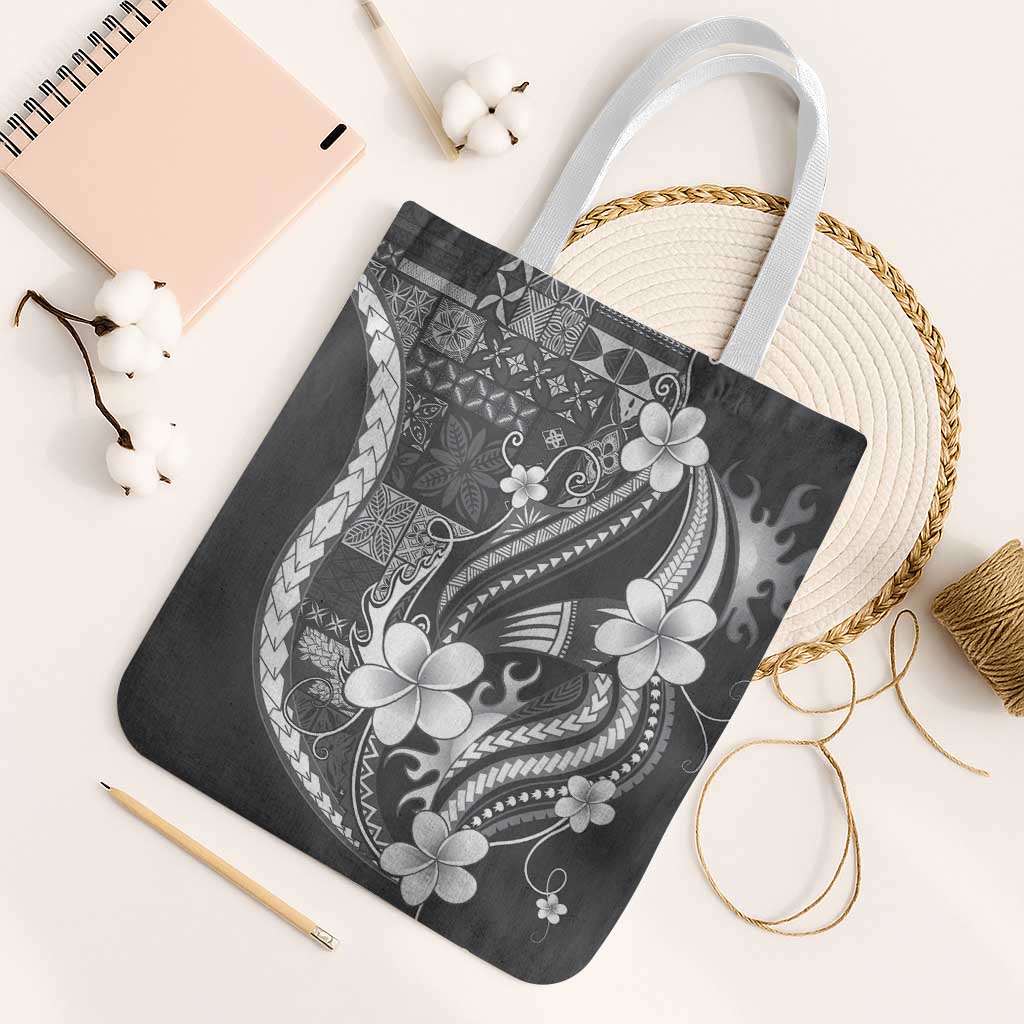 Samoa Siapo Tribal Pattern Tote Bag Light Gray Polynesian Plumeria Tapa Motif LT9 White Strap One Size Gray - Polynesian Pride