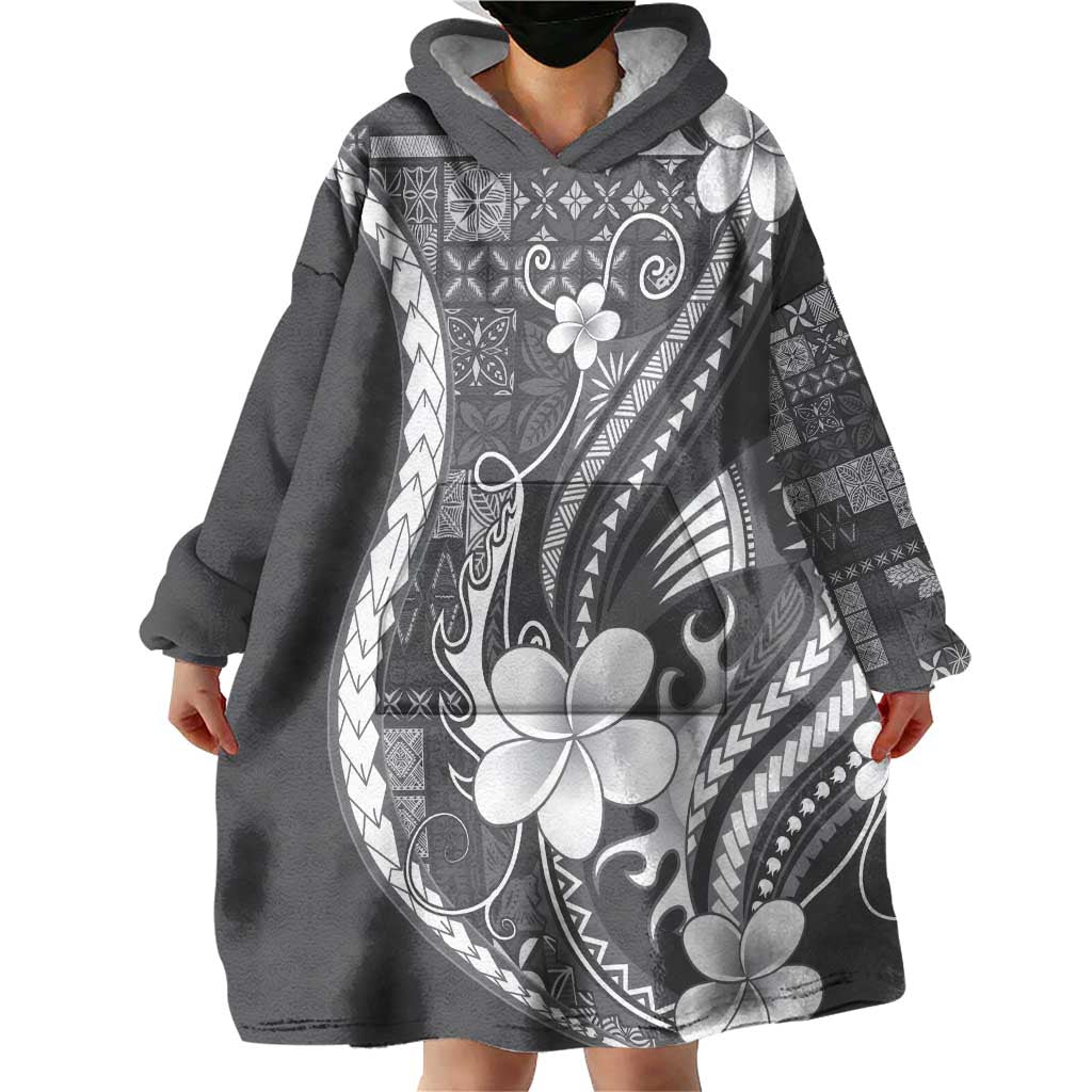 Samoa Siapo Tribal Pattern Wearable Blanket Hoodie Light Gray Polynesian Plumeria Tapa Motif LT9 - Polynesian Pride