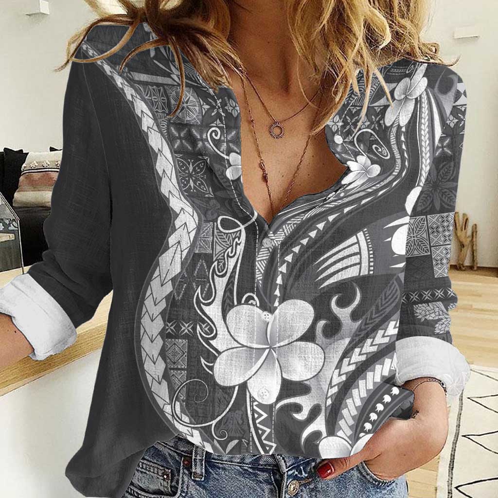 Samoa Siapo Tribal Pattern Women Casual Shirt Light Gray Polynesian Plumeria Tapa Motif LT9 Female Gray - Polynesian Pride