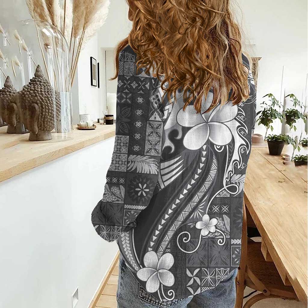 Samoa Siapo Tribal Pattern Women Casual Shirt Light Gray Polynesian Plumeria Tapa Motif LT9 - Polynesian Pride