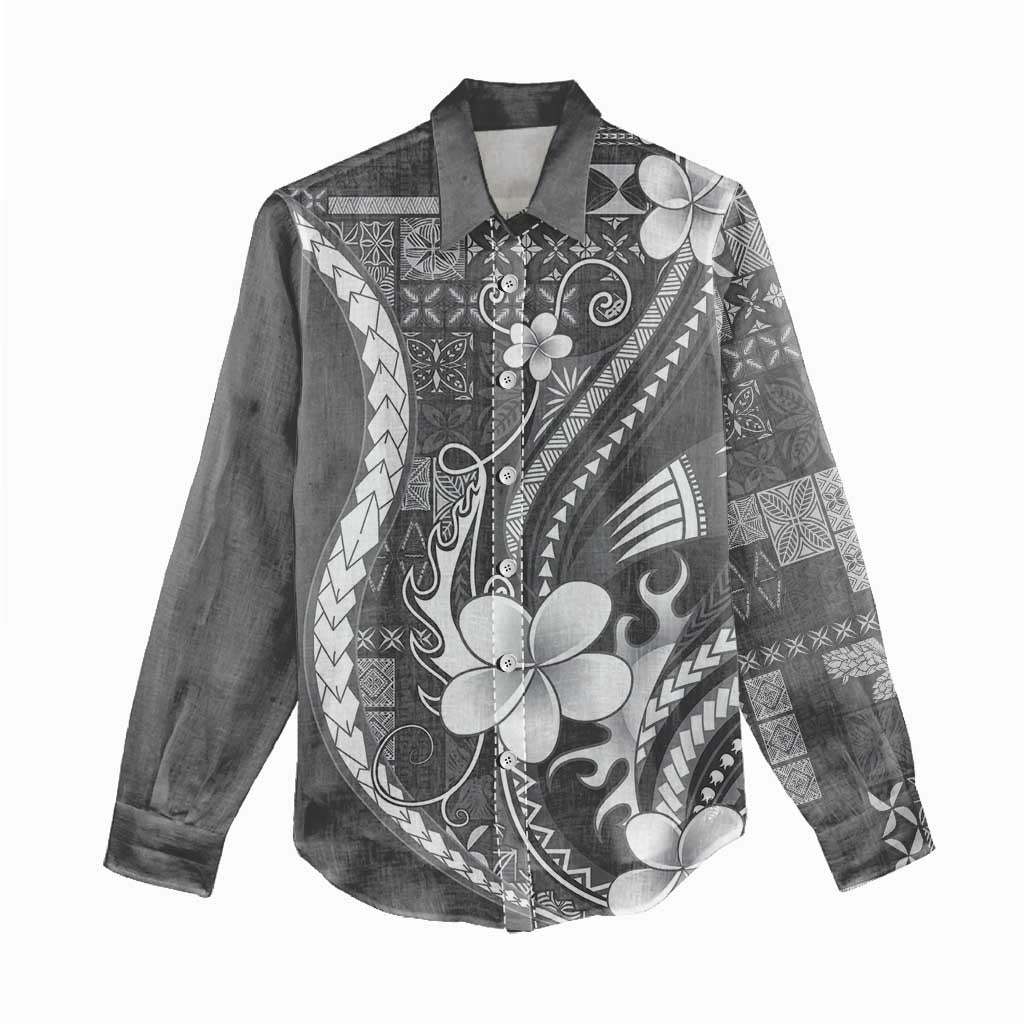 Samoa Siapo Tribal Pattern Women Casual Shirt Light Gray Polynesian Plumeria Tapa Motif LT9 - Polynesian Pride