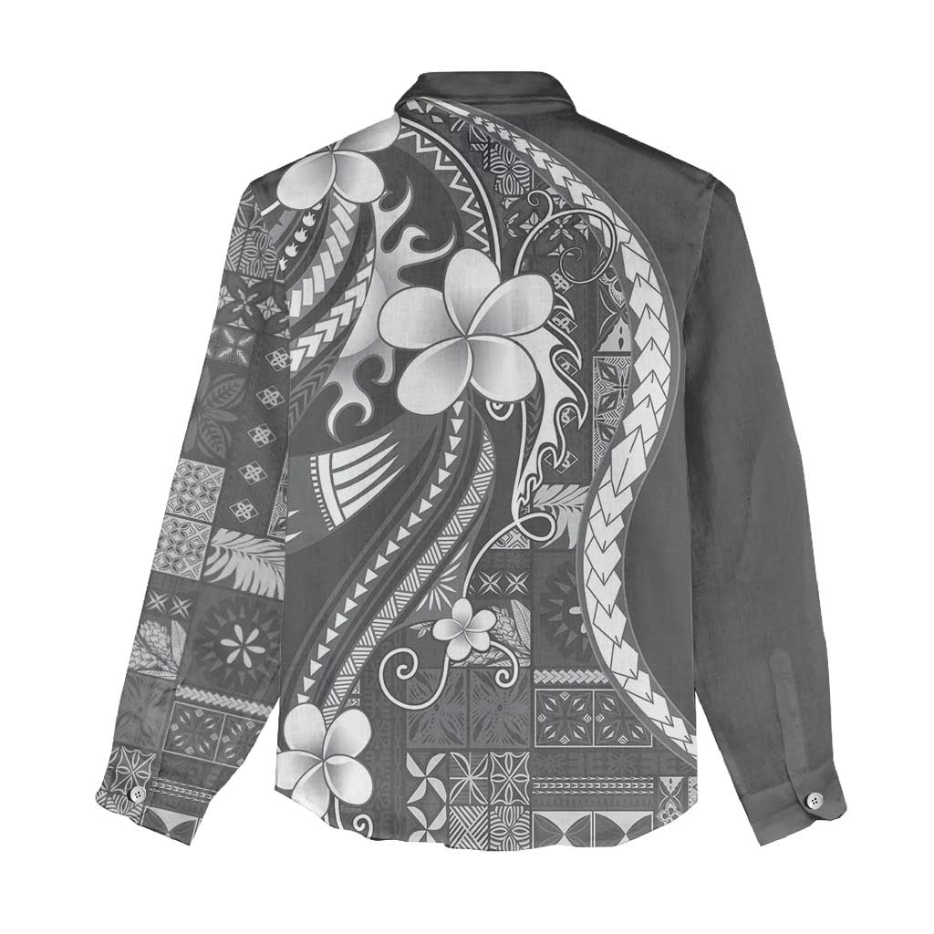 Samoa Siapo Tribal Pattern Women Casual Shirt Light Gray Polynesian Plumeria Tapa Motif LT9 - Polynesian Pride