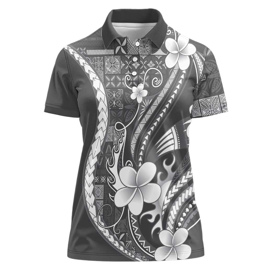 Samoa Siapo Tribal Pattern Women Polo Shirt Light Gray Polynesian Plumeria Tapa Motif
