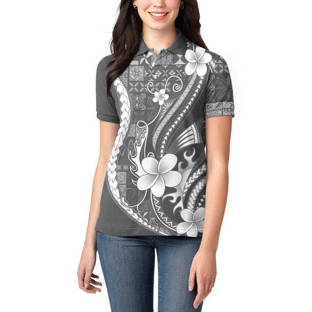 Samoa Siapo Tribal Pattern Women Polo Shirt Light Gray Polynesian Plumeria Tapa Motif