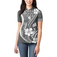 Samoa Siapo Tribal Pattern Women Polo Shirt Light Gray Polynesian Plumeria Tapa Motif