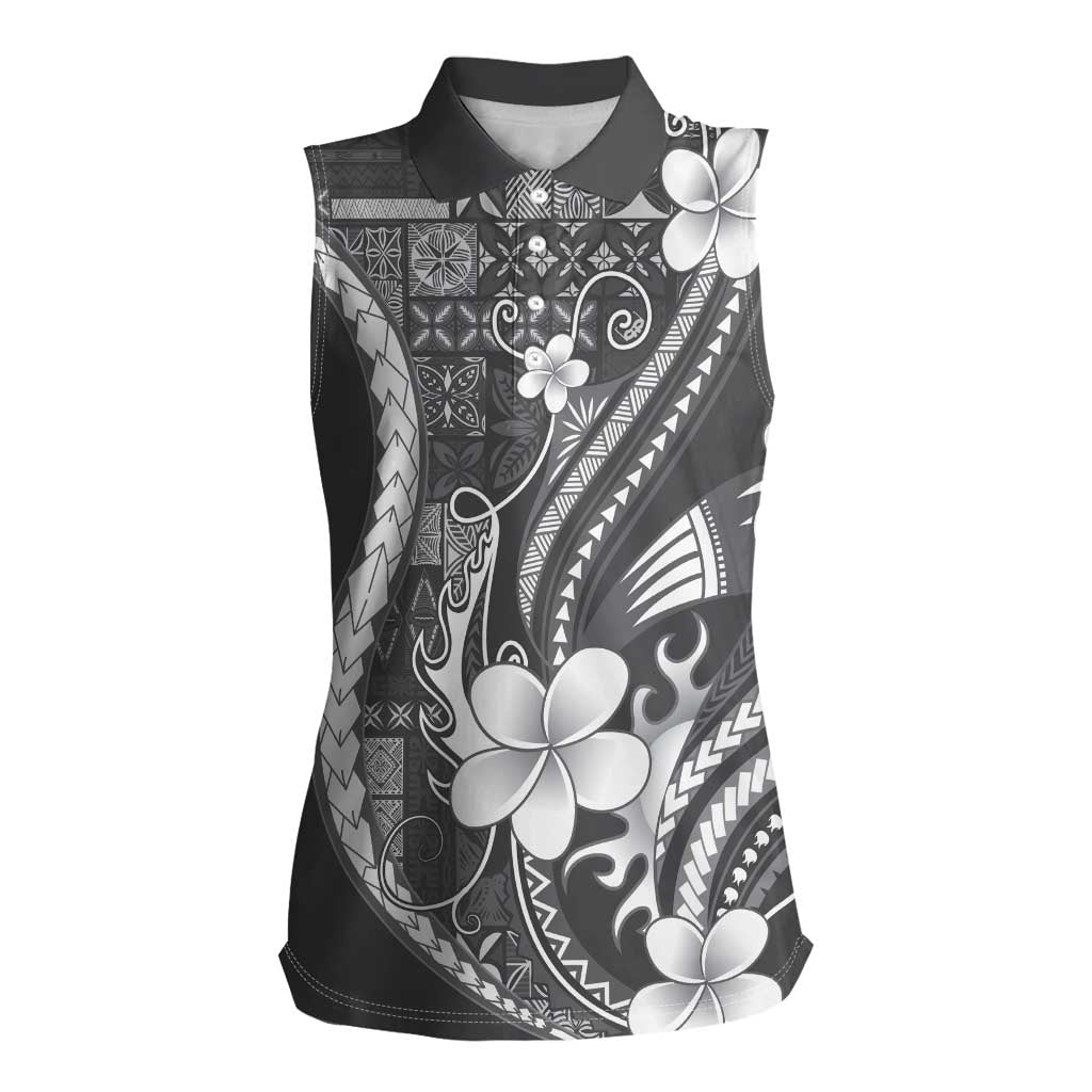 Samoa Siapo Tribal Pattern Women Sleeveless Polo Shirt Light Gray Polynesian Plumeria Tapa Motif