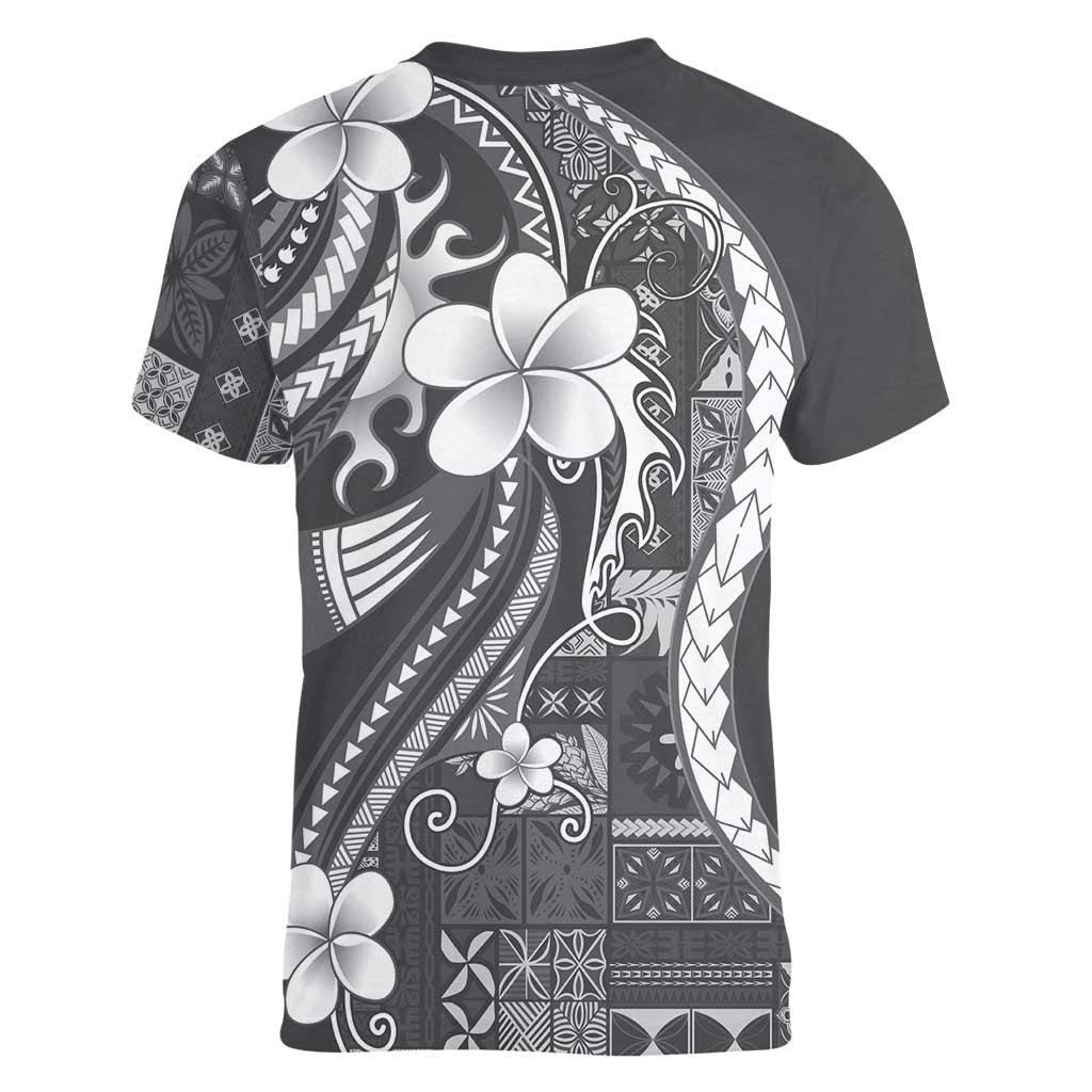 Samoa Siapo Tribal Pattern Women V-Neck T-Shirt Light Gray Polynesian Plumeria Tapa Motif LT9 - Polynesian Pride