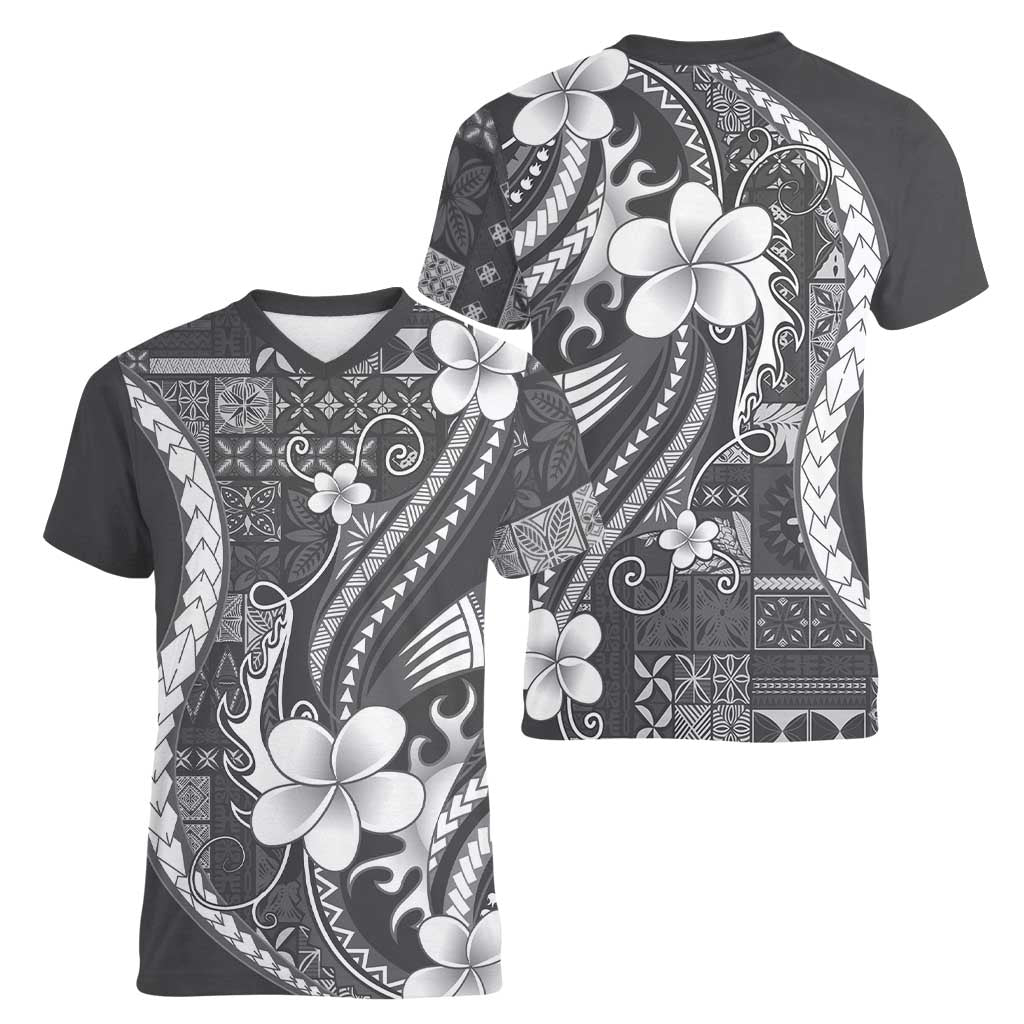 Samoa Siapo Tribal Pattern Women V-Neck T-Shirt Light Gray Polynesian Plumeria Tapa Motif LT9 - Polynesian Pride