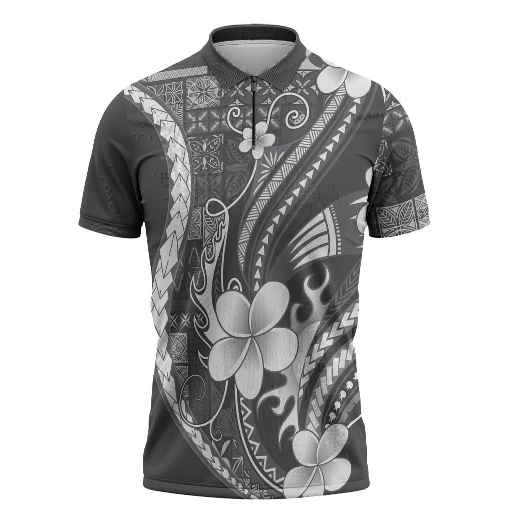 Samoa Siapo Tribal Pattern Zipper Polo Shirt Light Gray Polynesian Plumeria Tapa Motif LT9 Gray - Polynesian Pride