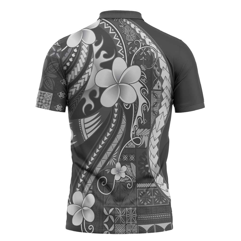 Samoa Siapo Tribal Pattern Zipper Polo Shirt Light Gray Polynesian Plumeria Tapa Motif LT9 - Polynesian Pride