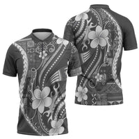 Samoa Siapo Tribal Pattern Zipper Polo Shirt Light Gray Polynesian Plumeria Tapa Motif LT9 - Polynesian Pride