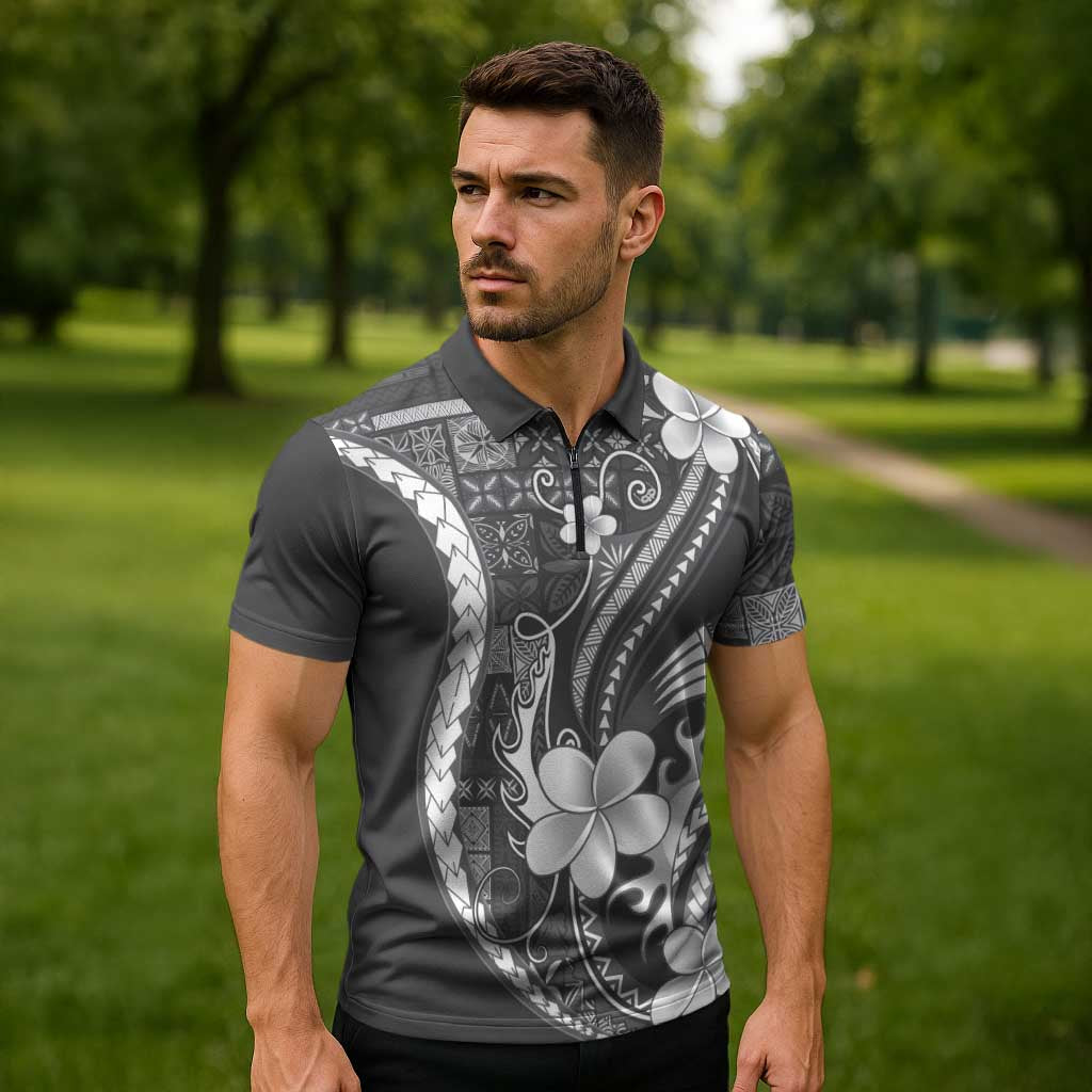 Samoa Siapo Tribal Pattern Zipper Polo Shirt Light Gray Polynesian Plumeria Tapa Motif LT9 - Polynesian Pride