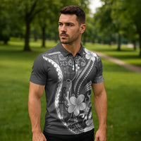 Samoa Siapo Tribal Pattern Zipper Polo Shirt Light Gray Polynesian Plumeria Tapa Motif LT9 - Polynesian Pride