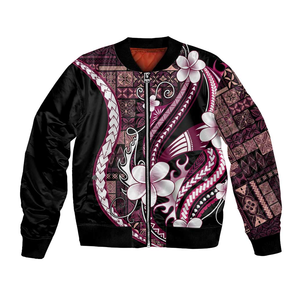 Samoa Siapo Tribal Pattern Bomber Jacket Violet Polynesian Plumeria Tapa Motif