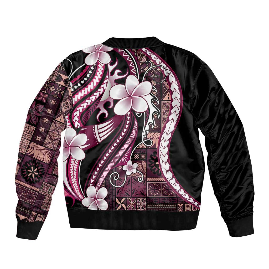 Samoa Siapo Tribal Pattern Bomber Jacket Violet Polynesian Plumeria Tapa Motif