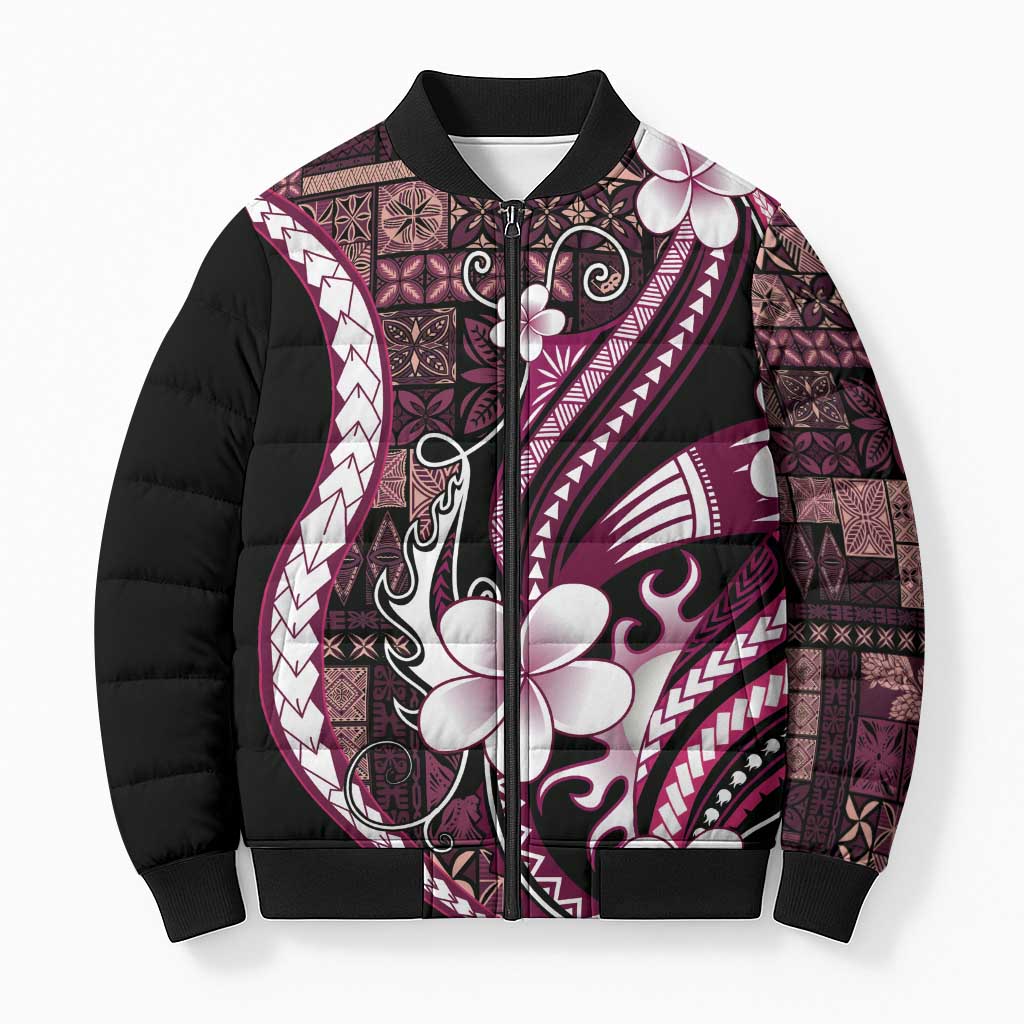 Samoa Siapo Tribal Pattern Bomber Puffer Jacket Violet Polynesian Plumeria Tapa Motif